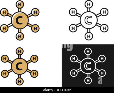 Stylized molecule icons with central carbon atom and six hydrogen atoms for science education and chemistry research. Stock Vector
