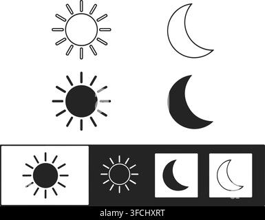 Sun and moon icons representing day and night mode for user interface toggles and weather apps. Stock Vector