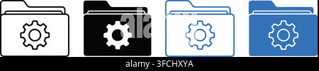 System settings directory folder icon set with cogwheel design in black and blue outline and solid variations. Stock Vector