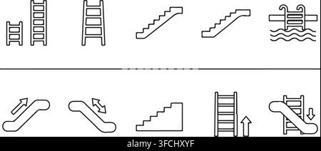 Stairs and ladders line icons including escalators and pool access symbols for architecture and building navigation. Stock Vector