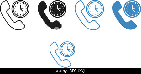 Telephone receiver with clock face icon set in black and blue outline and filled versions for customer support. Stock Vector