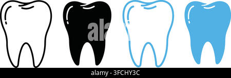 Tooth icon set with outline and flat filled silhouette versions in black and light blue color for dental designs. Stock Vector