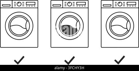 Three front-loading washing machine illustrations with check marks, displaying different water levels. Stock Vector