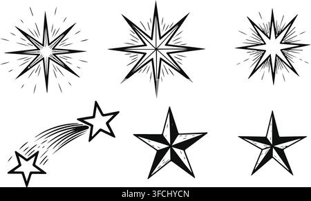 Vintage hand drawn black star burst and comet trail vector pack for creative posters and retro badge design. Stock Vector