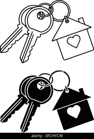 Two sets of house keys with a heart-shaped house keyring, ideal for real estate and home ownership themes. Stock Vector
