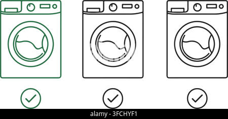 Washing machine line icon set in green and gray colors with checkmark symbols for laundry appliance selection sign. Stock Vector
