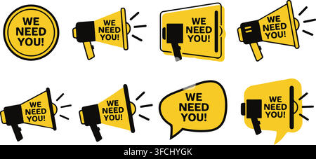We need you recruitment badges collection with megaphone icons and speech bubbles for hiring and workforce search. Stock Vector