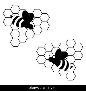Black and white bee silhouette illustration combined with geometric hexagon honeycomb pattern. Minimal modern design suitable for logo, branding Stock Vector