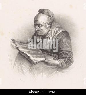 Old woman reading, La liseuse, illustration, print, printmaker: Alexandre Collette, after painting by Gerrit Dou, printer (person): Breguet & Fils, Paris, 1856, printer (person), paper, lithography, height 301 mm x width 237 mm, old woman, newspaper, news-sheet., A black and white drawing of an older woman seated and reading a large open book held in her hands, wearing a headscarf tied at the back and small round spectacles, with a ruffled collar visible under her chin and layered clothing with visible folds and stitching, her gaze directed toward the book and her mouth slightly open, detailed Stock Photo