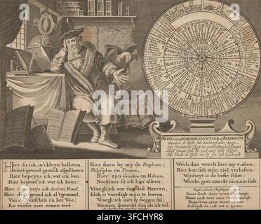 Scholar in his study with a perpetual calendar beside it, print, Scholar sitting in his study, various books stand on the floor. On the right an perpetual calendar. At the bottom three different verses., Northern Netherlands, publisher: Bernardus Kleynhens, Haarlem, c. 1640, 1712 - 1779, printmaker, paper, engraving, gravure, height 194 mm x width 242 mm, scholar in his study, perpetual calendar., A seated bearded man wearing a fur-lined robe and a beret-like hat rests one hand on his cheek and extends the other hand outward, surrounded by open books and rolled charts on a table draped with Stock Photo