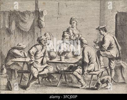 Six peasants and innkeeper in an inn, Genre scenes, print, Series number, 9, 19, Interior of an inn with peasants in conversation. Behind the table stands the innkeeper with a jug in her hand. On the right in the foreground a dog., printmaker, after print by, Italy, Cornelis de Wael, paper, etching, engraving, height 117 mm x width 149 mm, inn, coffee-house, public house, dog., A black and white drawing shows a group of people gathered around a long wooden table in a simple interior with horizontal lined walls. Several seated men wear loose clothing and brimmed hats, some leaning on the table Stock Photo