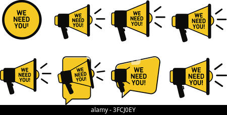 We need you text megaphone and speech bubble collection in yellow black color palette for recruitment campaign design. Stock Vector