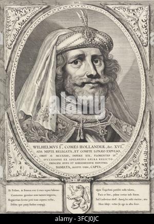 Portrait of William I, Count of Holland, Wilhelmvs Imvs, Comes Hollandiæ, &c. XVItvs, print, William I, wearing a headdress adorned with feathers and pearls. The frame is decorated with the coat of arms of Holland., printmaker: Cornelis Visscher (II), Haarlem, 1650, paper, engraving, etching, engraving and etching, proof print, height 404 mm x width 294 mm, Person, head-gear., A detailed engraved portrait of a bearded man wearing a jeweled cap with a feather and a draped cloth, shown within an ornate oval frame with decorative corner elements; he has wavy hair, a curled mustache, and a layered Stock Photo