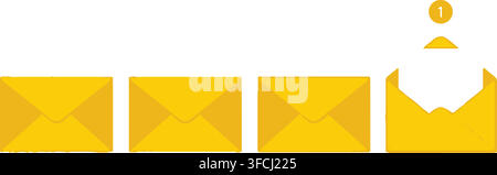 Yellow envelope mail notification vector sequence illustrates closed letters leading to an open incoming message. Stock Vector