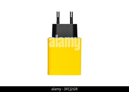 adapter for charger with USB and Type C connector, yellow, on isolated or white background close-up Stock Photo