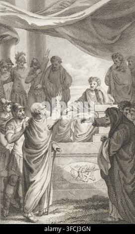 Polycarpus before the judge, print, printmaker: Reinier Vinkeles (I), Amsterdam, 1800, paper, etching, engraving, height 239 mm x width 159 mm, juridical examples, exemplary judges, 'Justice pictures' (+ judge)., A monochrome engraving shows a group of robed and cloaked figures gathered around a raised platform draped with fabric; a seated man on the platform rests his head on his hand while another cloaked figure leans forward pointing toward the foreground. In front of the platform an older bearded man with a walking stick reaches upward with an outstretched arm while a soldier in helmet and Stock Photo