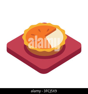 Isometric Vector Illustration of a Pumpkin Pie on a Red Platter with One Slice Removed on white background isolated Stock Vector