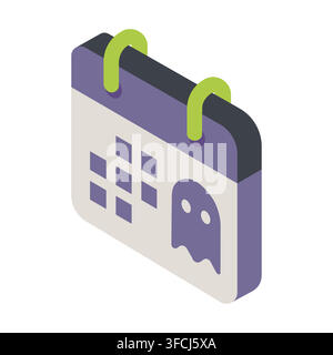 A high-quality isometric vector illustration of a Halloween-themed calendar, featuring a ghost icon and vibrant purple and green colors Stock Vector
