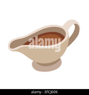 An isometric vector graphic of a light beige sauce boat filled with savory brown gravy, perfect for food, cooking, and holiday-themed designs Stock Vector