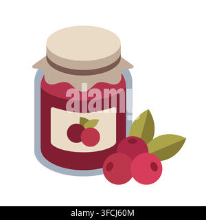 Isometric Vector Illustration of a Red Berry Jam Jar with Fresh Cranberries on white background isolated Stock Vector
