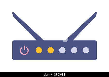 Router, Wi-Fi equipment with power button. Modern IT Technique with two antennas and glowing indicators. Technology. Internet provider. Flat style. Is Stock Vector