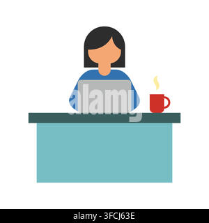 A minimalist flat design vector illustration of a faceless woman sitting at a desk and working on a laptop. A red mug with rising steam Stock Vector
