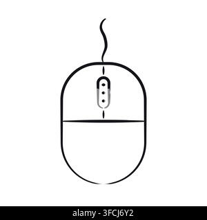 Sketch Computer Mouse with wheel drawn by hand with pencil. Wired Device for cursor control. Contour technology. Line equipment for laptop. Isolated o Stock Vector