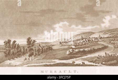 Mursault, View of Meursault, print, printmaker: Daniël Veelwaard (I), Amsterdam, 1776 - 1851, paper, etching, roulette, etching and roulette in brown, height 154 mm x width 210 mm, low hill country, prospect of city, town panorama, silhouette of city (+ city(-scape) with figures, staffage), Meursault., A sepia-toned landscape showing rolling hills, scattered trees, and a winding dirt road that passes by small buildings and clustered houses with steeples; clouds drift across the sky above the distant hills, and there are tiny figures and animals along the road and in the fields, including a Stock Photo