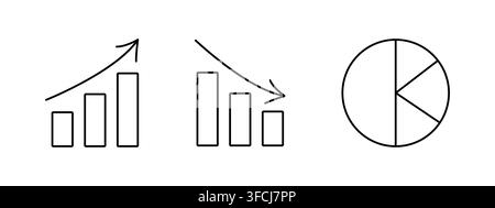 Pie, line charts. Graph, diagram. Statistics Outline icons. Growth rate. Data visualization. Rise and fall of finance, stocks. Graphical representatio Stock Vector