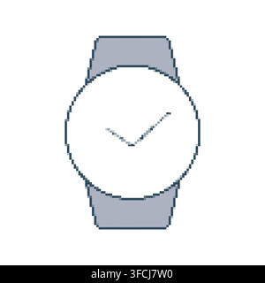 Pixel hand watch in the game. 8-bit clock on a white background. 90s style. Round dial with arrows showing time. Accessory. Retro style. Color outline Stock Vector