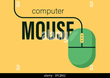 Computer Mouse with Text and long Wire. Banner for IT sphere, Technologies, education. Green computer controller on yellow background. Hardware top vi Stock Vector