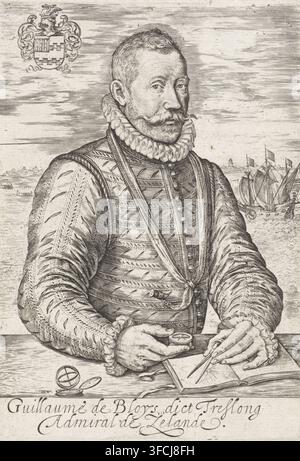 Portrait of the naval officer Willem Bloys van Treslong, print, He holds a compass in his hand and draws on a map with a compass. In the background, ships at sea. His coat of arms in the upper left. In the margin, a two-line caption in French., printmaker: Johannes Wierix, Antwerp, 1559 - before 1585, paper, engraving, gravure, height 127 mm x width 89 mm, Person, Jonkheer Willem Bloys van Treslong, armorial bearing, heraldry, ships (in general), compass, marine charts., A detailed black and white engraved portrait of a man shown from the waist up seated at a table, wearing a patterned doublet Stock Photo