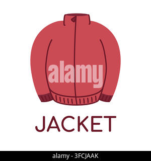 Warm Jacket. Word in English for dictionary. Outerwear element. Zipper. Learning, teaching Language for children. Casual Clothes, wardrobe. Isolated o Stock Vector