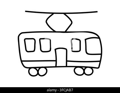 Tram, trolleybus side view Doodle style. Isolated drawn public city transport. Outline art. Black and white contour drawing for children. Vector illus Stock Vector