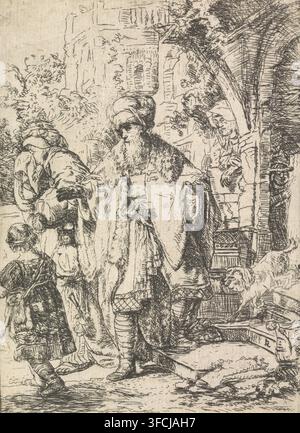 Abraham banishes Hagar and Ishmael, print, Abraham sends Hagar and Ishmael away. Hagar holds a handkerchief to her face. Sarah watches from the window on the right, the baby Isaac is visible in the doorway. A dog on the threshold., printmaker: Monogrammist R (engraver), Amsterdam, printmaker: Constantijn à Renesse (possibly), after print by Rembrandt van Rijn, 1640 - 1660, Rembrandt van Rijn, after print by, paper, etching, height 133 mm x width 97 mm, Hagar and Ishmael (often with bow and arrow) depart., A finely detailed ink drawing shows a group of figures in historical clothing gathered Stock Photo