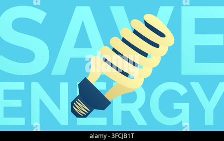Powersave lamp. Text Save Energy. Gradient colors - blue, yellow. Lighting equipment. Fluorescent electric lamp. Ecology, environmental protection. Fl Stock Vector