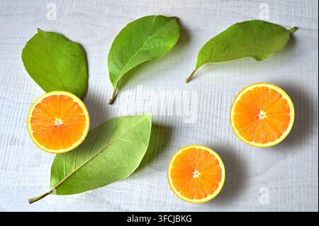 Fresh orange fruit with slices and leaf on white background. Summer set of fruits. Stock Photo