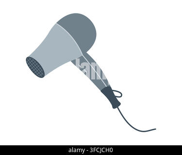Gray Hairdryer for styling. Item for drying hair. Professional equipment with wire for hairdressing, grooming, barbershop. Electronic device blowing w Stock Vector