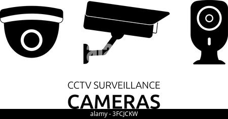 Set of black silhouettes of CCTV cameras. Dome, mini cameras. Collection Security systems, security. Surveillance. Equipment with Lens. Black and whit Stock Vector