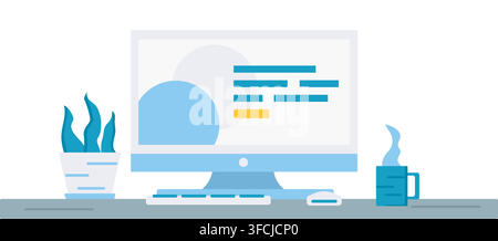 Desktop Scene. Monitor with Website, potted houseplant and coffee cup on office desk. Computer with keyboard and mouse. Promo page of site on monobloc Stock Vector