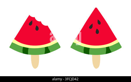 Ice cream Watermelon on a stick. Bite off triangular piece of summer red striped fruit with seeds in doodle style. Sweet lollipop. Cut slice of food. Stock Vector