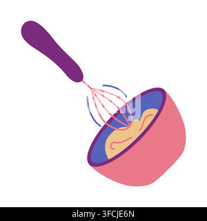 Mix Dough with Whisk in deep bowl. Prepare dish for bakery, confectionery. Kitchen utensils for whipping. Cooking. Culinary device. Isolated on white Stock Vector
