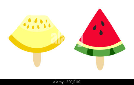 Ice cream Set in form of piece of Watermelon and Melon on wooden stick. Triangular piece of summer fruit with seeds in doodle style. Sweet lollipops. Stock Vector