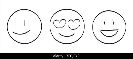 Set of contour emojis. Lovers, smiling, laughing faces. Collection of funny sketches Positive emotions. Social media message symbols. Heart, love. Lin Stock Vector