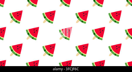 Ice cream Watermelon diagonal seamless pattern. Print of a triangular piece of summer fruit with seeds on a stick on a white background. Sweet dessert Stock Vector