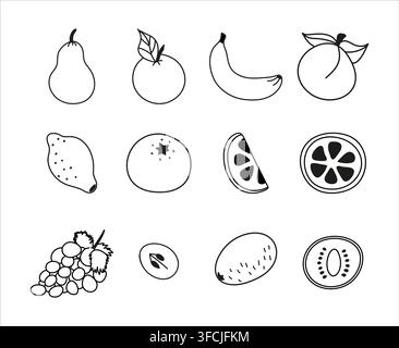 Fruits Set of Contour Icons. Pear, apple, banana and peach. Citrus - lemon, tangerine. Brush of grapes, kiwi. Half piece cut off. Linear vegan healthy Stock Vector