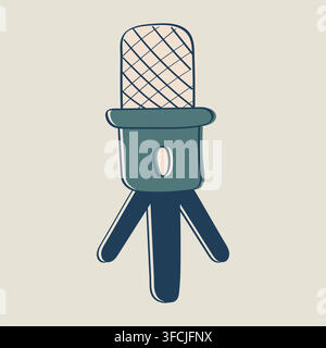 Studio Microphone Desktop for podcasts, streaming. Equipment for dubbing, voice recording. Professional Technology. Mic with three-legged stand. Doodl Stock Vector