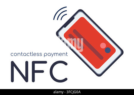 Contactless payment. Bank card on a mobile phone. NFC text. Convenient payment. Pay Non-contact. Wireless technology. Smartphone, technique. Isolated. Stock Vector