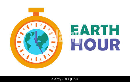 Timer with planet. Earth Hour. Postcard for holiday. Globe inside stopwatch. World Clock. Watch. Ecological event. Save Earth. Environment protection. Stock Vector