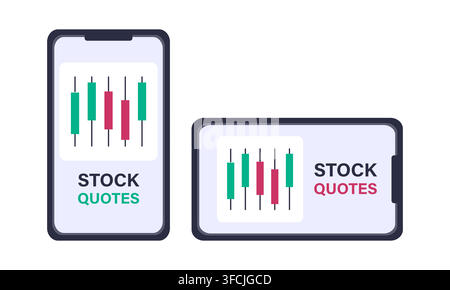Stock quotes. Mobile application on phone. Financial app logo on smartphone. Horizontal and vertical position of device. Technology. Illustration for Stock Vector